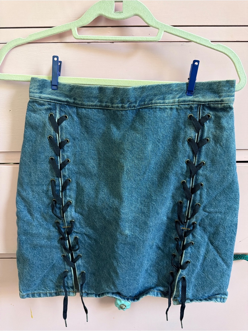 H&M Teal Denim Lace-Up Mini Skirt